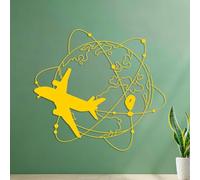 Wall Vinyl Sticker Decor Travel Around The World with Airplane Camper Van Rv Camping Explore World Map 54.6x59.3cm Tattoo Culture Yellow