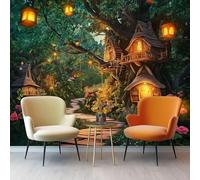 Wall Wallpaper Mural Fantasy Forest Hut, 400 x 280 cm Large Non-Woven Wallpaper Murals for Living Room Bedroom Office TV Background Decor, Dark Green Big Trees Photo Wallpapers