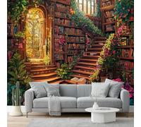 Wall Wallpaper Mural Fantasy Magic Library, 300 x 210 cm Large Non-Woven Wallpaper Murals for Living Room Bedroom Office TV Background Decor, Brown Bookshelf Photo Wallpapers