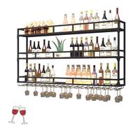 Wall Wine Rack Floating Bar Shelves Liquor Shelf Wall Mounted Racks for Wine Bottles with LED Light Bar Cabinet with Hanging Wine Glass Holder Rack Bottle Display Shelf for Home Bar Dining Room(Black,