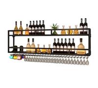 Wall Wine Rack Floating Bar Shelves Wall Mounted with LED Light Liquor Bottle Display Shelf with Hanging Wine Glass Rack Kitchen Wall Shelf Liquor Cabinet Bar Stand for Home Bar Cafe Restaurant(Black,