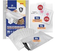 Wallaby 15x 5 Gallon Mylar Bag Bundle - Silver With 20 Single Sealed Oxygen Absorbers & Labels - Resealable Zipper, FDA Grade, Air-Tight, Light-Blocking, for Long Term Food Storage Standard Silver