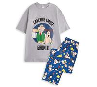 Wallace and Gromit Mens Pyjama Set | Cracking Cheese Adults Classic Logo Short Sleeve Top & All Over Print Graphic Loungewear Bottoms in Grey & Navy | Classic Movie Comedy Series Merchandise Gift
