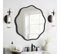 WallBeyond 20 inch Round Wavy Mirror, Black Aluminum Frame, Wall Mounted, Contemporary Style, Bathroom Mirror