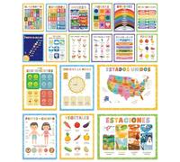 Wallbuddy 18 Educational Spanish Preschool Posters | Numbers Alphabets Colors Shapes Maps and More Spanish Classroom Decor | English Spanish Bilingual Learning Charts for Toddlers