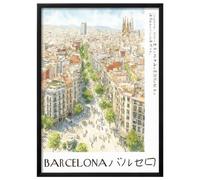 Wallbuddy Barcelona Cityscape Wall Art Print | A (50 x 70 cm, Black Framed)