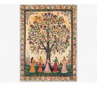 Wallbuddy Indian Pichwai Painting Poster | Traditional Folk Art Print Tree of Life Motif with Floral Borders and Royal Figures | Heritage-Inspired Wall Decor for Home Temple | 50 x 70 cm Unframed