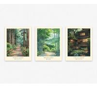 Wallbuddy Japanese Landscape Poster Set of 3 - Mori No Sasayaki, Midori No Ibuki, Kaze No Sasayaki - Tranquil Forest, Bamboo Grove Traditional Japanese House Wall Art Prints (18 x 24 Unframed)