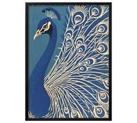 Wallbuddy Peacock Wall Art Poster | Art Deco Bird Illustration Print | Elegant Blue Gold Feather Design | Vintage Inspired Nature Decor (18 x 24 inches, Black Framed)