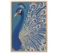 Wallbuddy Peacock Wall Art Poster | Art Deco Bird Illustration Print | Elegant Blue Gold Feather Design | Vintage Inspired Nature Decor (12 x 16 inches, Oak Framed)
