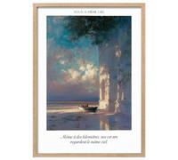 Wallbuddy Serene Seascape Wall Art Print | Boat an (50 x 70 cm, Oak Framed)