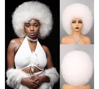 Wallden Hair White Afro Wig for Women Glueless Wear And Go Wig 70S Afro Puff Curly Party Costume Cosplay Halloween Wigs (White)