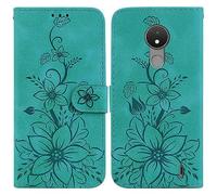 Wallet Case Compatible with Nokia C21 Embossed Flip Wallet Lilies Flowers Cover Relief Sculpture PU Leather Wallet Phone Protective Magnet Clasp Phone Holsters Soft Silicone Inner for Nokia C21,Green
