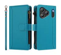 Wallet Case for Blackview Wave 7C, Large Capacity Handmade PU Leather Phone Case Card Slots Magnetic Closure Zipper Pocket Kickstand Flip Case with Hand Strap.Lake Blue