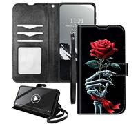 Wallet Case for Cricket Outlast 5G 2024//AT&T Motivate pro 5G - RFID Blocking,Shockproof,Card Slots,Wrist Strap,PU Leather Cover with Magnetic Closure & Multi-Angle Stand,Skull Holding Rose Hand