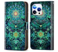 Wallet Case for iPhone 15 Pro 6.1 Print Animal Mable Pattern Design PU Leather Shockproof Flip Cover with Card Slots Holder for Girls Boys - Green Mandala