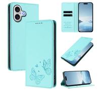 Wallet Case for iPhone 16 Plus Durable Leather & TPU Magnetic Flip Cover with RFID Blocking, 2 Card Slots & Cash Pocket, Shockproof Bumper, Kickstand Function, Butterfly Embossed(Mint)
