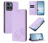 Wallet Case for Motorola Edge 50 5G PU Leather & TPU Magnetic Flip Cover with RFID Blocking, 2 Card Slots & Cash Pocket, Shockproof Bumper, Kickstand Function, Butterfly Embossed(Light Purple)