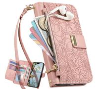 Wallet Case for Oppo A54S/Oppo A16S, 6 Card Slots, Floral Pattern Cover, Hand Strap, Kickstand, Magnetic Closure Handbag, Zipper Pocket for Oppo A54S/Oppo A16S-Pink