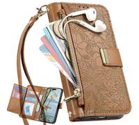 Wallet Case for Oppo A54S/Oppo A16S, Flower Leather Cover with Card Slots Kickstand, Magnetic Closure, Zipper Pocket Handbag for Oppo A54S/Oppo A16S-Brown