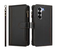 Wallet Case for Realme P4X 5G,Premium Handmade PU Leather Phone Case Card Slots Magnetic Closure Zipper Pocket Kickstand Flip Case with Hand Strap.Black