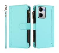 Wallet Case for Redmi 15A 5G International, Large Capacity Handmade PU Leather Phone Case Card Slots Magnetic Closure Zipper Pocket Kickstand Flip Case with Hand Strap.Mint Green