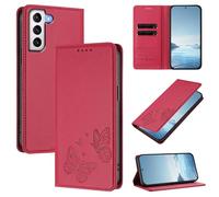 Wallet Case for Samsung Galaxy S21 FE PU Leather & TPU Magnetic Flip Cover with RFID Blocking, 2 Card Slots & Cash Pocket, Shockproof Bumper, Kickstand Function, Butterfly Embossed(Red)