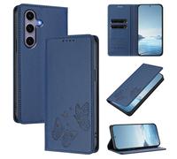 Wallet Case for Samsung Galaxy S24 PU Leather & TPU Magnetic Flip Cover with RFID Blocking, 2 Card Slots & Cash Pocket, Shockproof Bumper, Kickstand Function, Butterfly Embossed(Dark Blue)