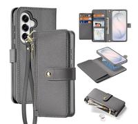 Wallet Case for Samsung Galaxy S26, Compatible with Magsafe 2 in 1 Detachable RFID Blocking Card Holder PU Leather Zipper Flip Protective Cover with Wrist Strap, Gray