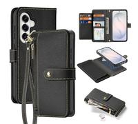 Wallet Case for Samsung Galaxy S26, Compatible with Magsafe 2 in 1 Detachable RFID Blocking Card Holder PU Leather Zipper Flip Protective Cover with Wrist Strap, Black