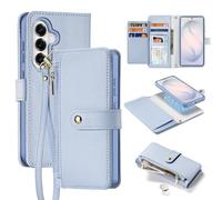 Wallet Case for Samsung Galaxy S26 Plus, Compatible with Magsafe 2 in 1 Detachable RFID Blocking Card Holder PU Leather Zipper Flip Protective Cover with Wrist Strap, Blue