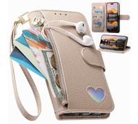 Wallet Case for Samsung Galaxy S26 Pro, Zipper Closure, Card Holder, Love Pattern Magnetic Cover, Wrist Strap, Kickstand, Leather Handbag Pocket for Samsung Galaxy S26 Pro-Khaki