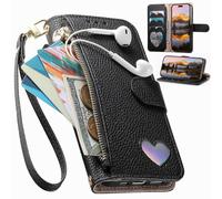 Wallet Case for Samsung Galaxy S26 Pro, Zipper Closure, Card Holder, Love Pattern Magnetic Cover, Wrist Strap, Kickstand, Leather Handbag Pocket for Samsung Galaxy S26 Pro-Black