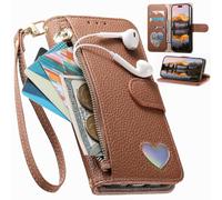 Wallet Case for Samsung Galaxy S26 Pro, Zipper Closure, Card Holder, Love Pattern Magnetic Cover, Wrist Strap, Kickstand, Leather Handbag Pocket for Samsung Galaxy S26 Pro-Brown