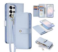 Wallet Case for Samsung Galaxy S26 Ultra, Compatible with Magsafe 2 in 1 Detachable RFID Blocking Card Holder PU Leather Zipper Flip Protective Cover with Wrist Strap, Blue