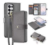 Wallet Case for Samsung Galaxy S26 Ultra, Compatible with Magsafe 2 in 1 Detachable RFID Blocking Card Holder PU Leather Zipper Flip Protective Cover with Wrist Strap, Gray