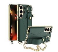 Wallet Case For Samsung Galaxy S26 Ultra - Genuine Leather With Hand Strap, Kickstand & Camera Protection, Luxury Plating Shell Cover(Green)