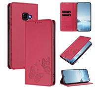 Wallet Case for Samsung Galaxy XCover4 PU Leather & TPU Magnetic Flip Cover with RFID Blocking, 2 Card Slots & Cash Pocket, Shockproof Bumper, Kickstand Function, Butterfly Embossed(Red)