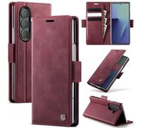 Wallet Case for Samsung Galaxy Z Flip 7 5G / Galaxy Z Fold 7 5G, Premium Leather Wallet Cover [Anti-Fraud] [Card Slots] [Wrist Strap] Kickstand Flip Case (Red, Z Fold 7)