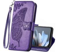 Wallet Case for T-Mobile REVVL 8 Pro 5G,PU Leather Wallet Flip Protective Phone Case Wrist Strap Card Slots Holder Pocket Emboss Butterfly Flower Stand Case for T-Mobile REVVL 8 Pro 5G Purple