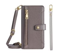 Wallet Case for Xiaomi 15T Pro, 6 Card Slots Holder Flip Leather Zipper Pocket Cover with Adjustable Crossbody Lanyard, Gray