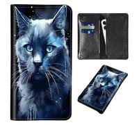 Wallet for Men Women & Phone Purse Wallet, RFID Blocking PU Leather Dual Magnetic Clasp Closure Phone Purse + Credit Card Holder for Phone Organizer Ladies Travel Purse, Blue Cat -492, Contemporary