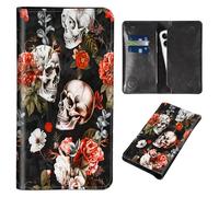 Wallet for Men Women & Phone Purse Wallet, RFID Blocking PU Leather Dual Magnetic Clasp Closure Phone Purse + Credit Card Holder for Phone Organizer Ladies Travel Purse, Skull White Red Flowers