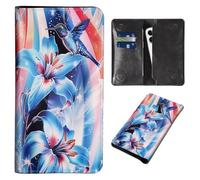 Wallet for Men Women & Phone Purse Wallet, RFID Blocking PU Leather Dual Magnetic Clasp Closure Phone Purse + Credit Card Holder for Phone Organizer Ladies Travel Purse, Blue Lily Hummingbird, 7.3x