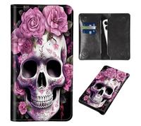 Wallet for Men Women & Phone Purse Wallet, RFID Blocking PU Leather Dual Magnetic Clasp Closure Phone Purse + Credit Card Holder for Phone Organizer Ladies Travel Purse, Skull Pink Rose Flower -516