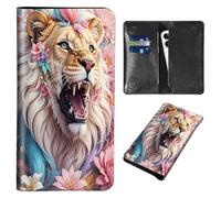 Wallet for Men Women & Phone Purse Wallet, RFID Blocking PU Leather Dual Magnetic Clasp Closure Phone Purse + Credit Card Holder for Phone Organizer Ladies Travel Purse, Cool lion/ flowers