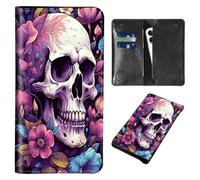 Wallet for Men Women & Phone Purse Wallet, RFID Blocking PU Leather Dual Magnetic Clasp Closure Phone Purse + Credit Card Holder for Phone Organizer Ladies Travel Purse, skull Red Flowers