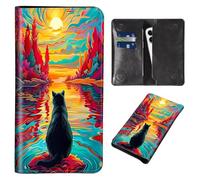 Wallet for Men Women & Phone Purse Wallet, RFID Blocking PU Leather Dual Magnetic Clasp Closure Phone Purse + Credit Card Holder for Phone Organizer Ladies Travel Purse, Sunrise Cat -1520, 7.3x 3.86