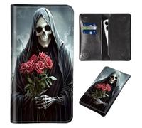 Wallet for Men Women & Phone Purse Wallet, RFID Blocking PU Leather Dual Magnetic Clasp Closure Phone Purse + Credit Card Holder for Phone Organizer Ladies Travel Purse, Skull Red Rose -1704, 7.3x
