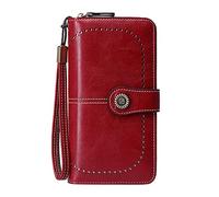 Wallet for Vaccination Card, Antimagnetic RFID Wallet for Women, Made of European and American Wax Leather, Large Capacity, Men's Wallet, Large with 16 Compartments, Card Slot, red, standard size